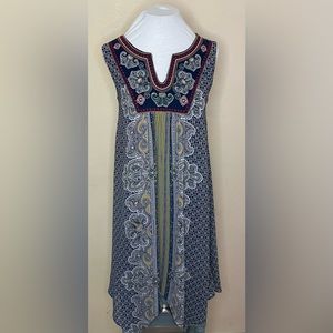Luxology Blue Paisley Floral Embroidered Dress with Handkerchief Hem